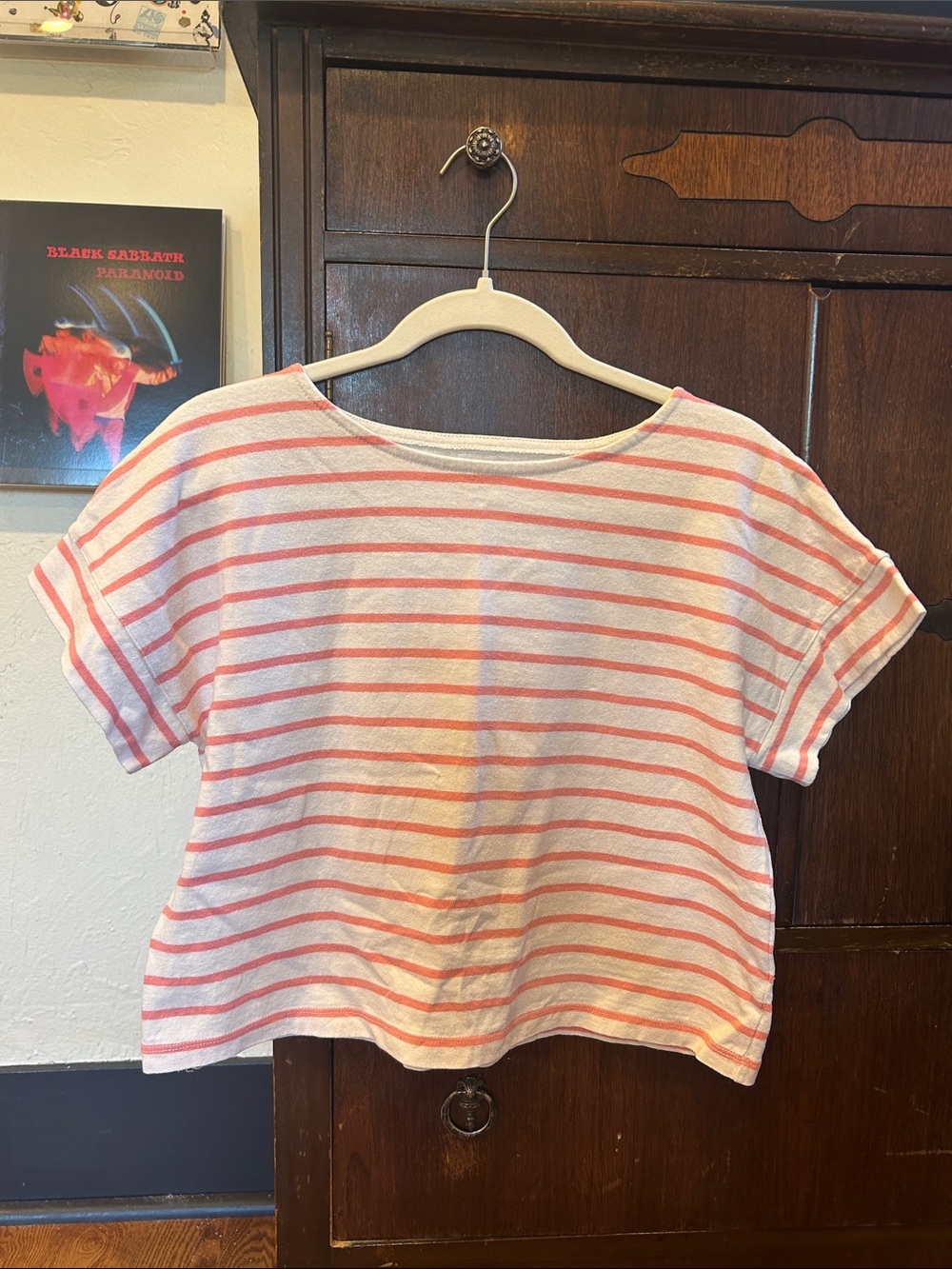 Madewell White and Coral-Striped Boxy Short Sleeve Tee